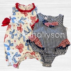 6-12M Patriotic Bow Romper Set - Red, White & Blue